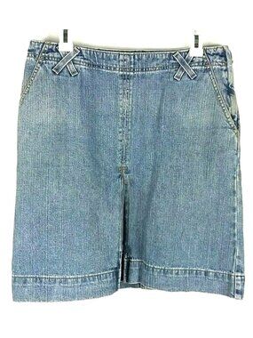 90s Levi's Denim Jean Skirt 10 Blue Straight Above Knee Back Pockets Front Pleat